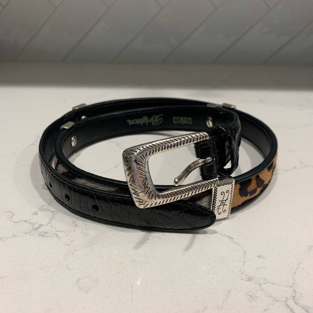 Brighton Black Leather and Animal Print Belt with Silver Buckle